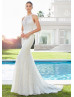 Beaded Halter Neck Ivory Lace Wedding Dress With Detachable Tulle Skirt
